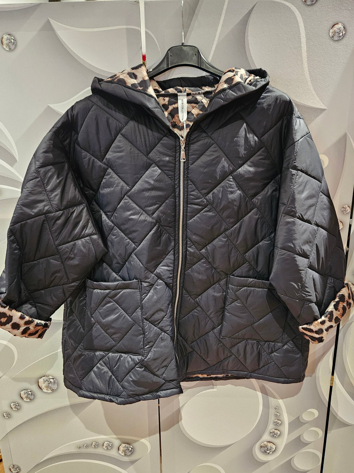 Quilted Hooded Jacket with Leopard Print