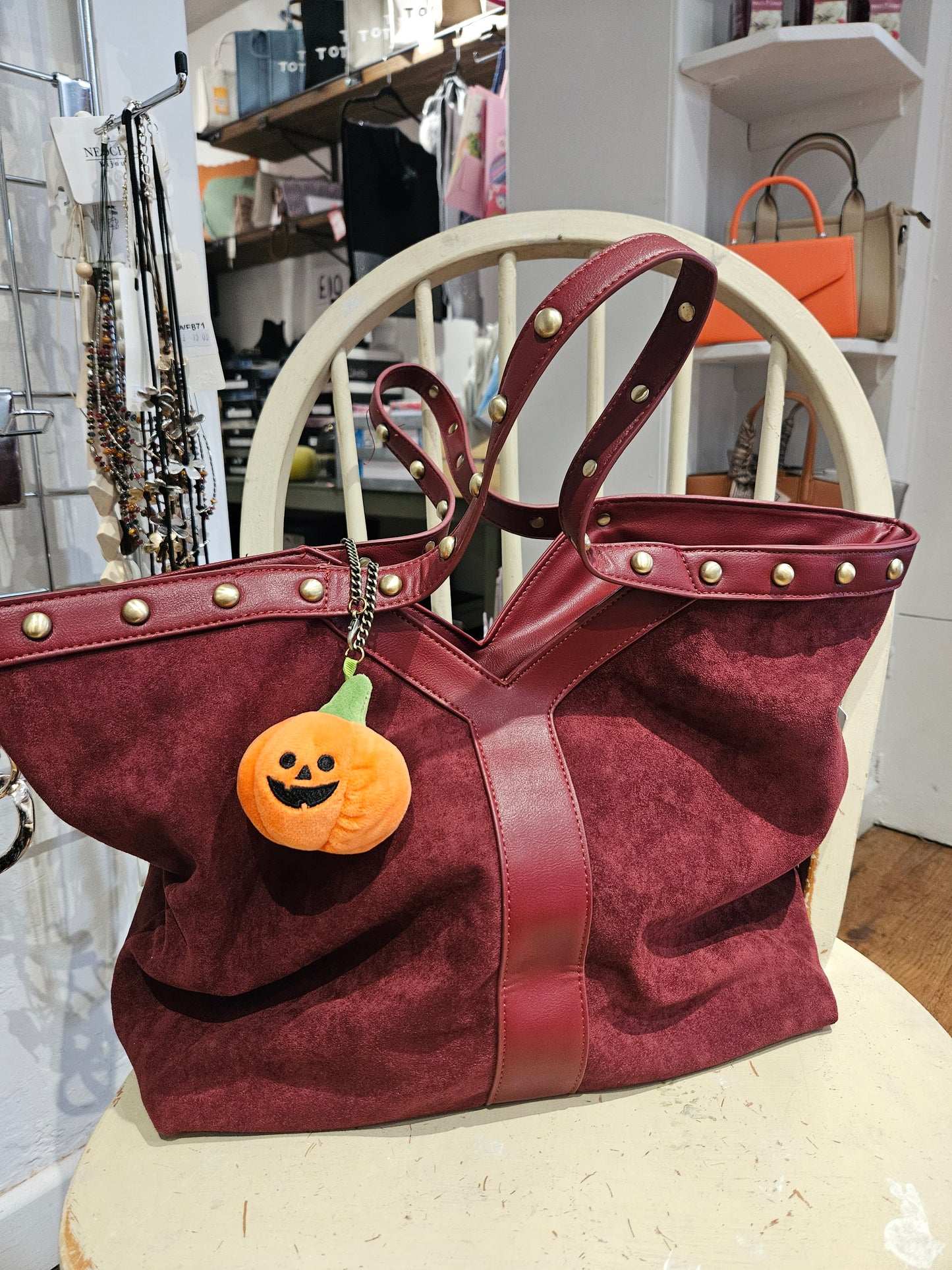 Suede Handbag with Detachable Pumpkin Charm