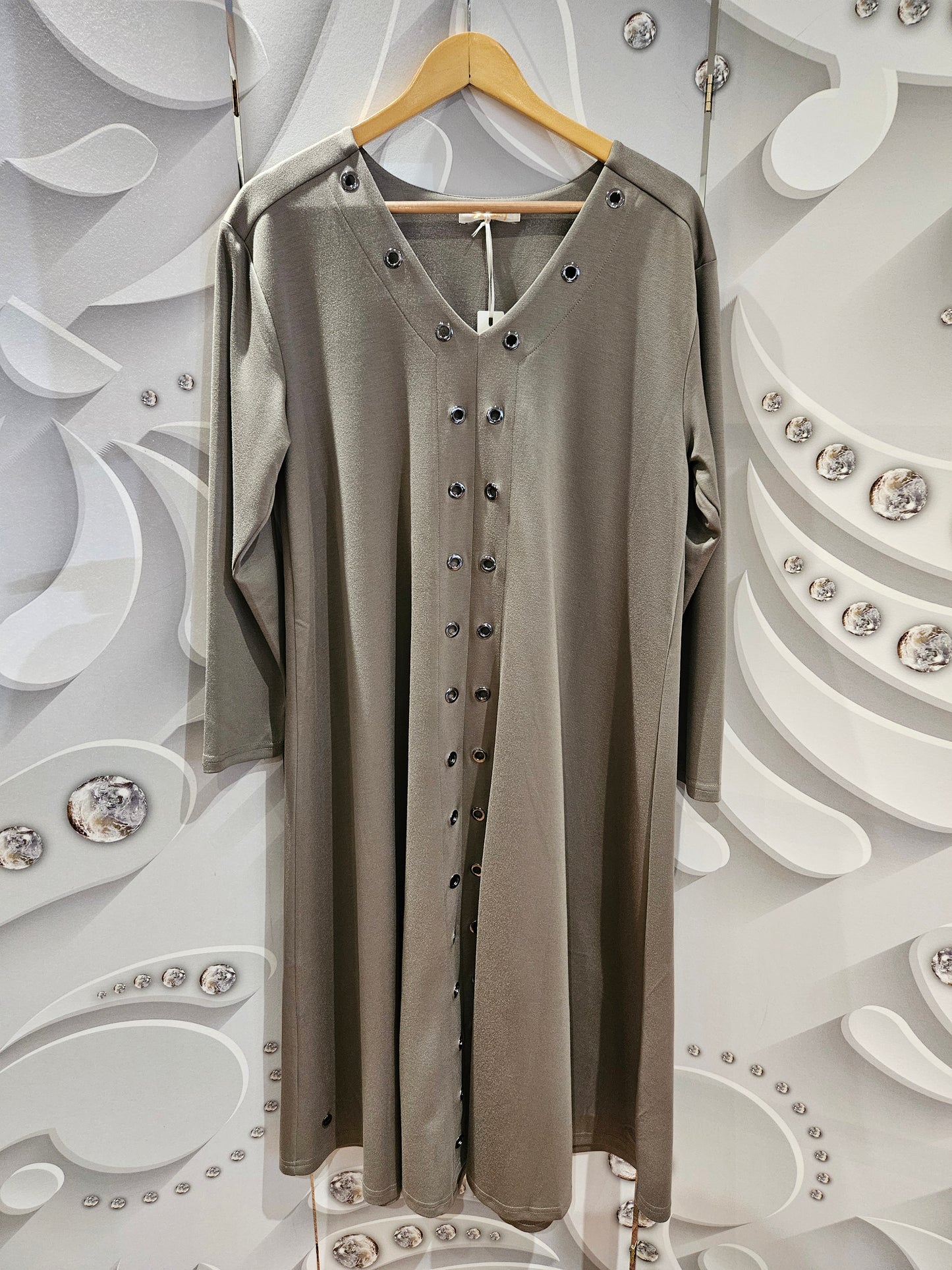 V Neck Midi Dress with Eyelet Detail