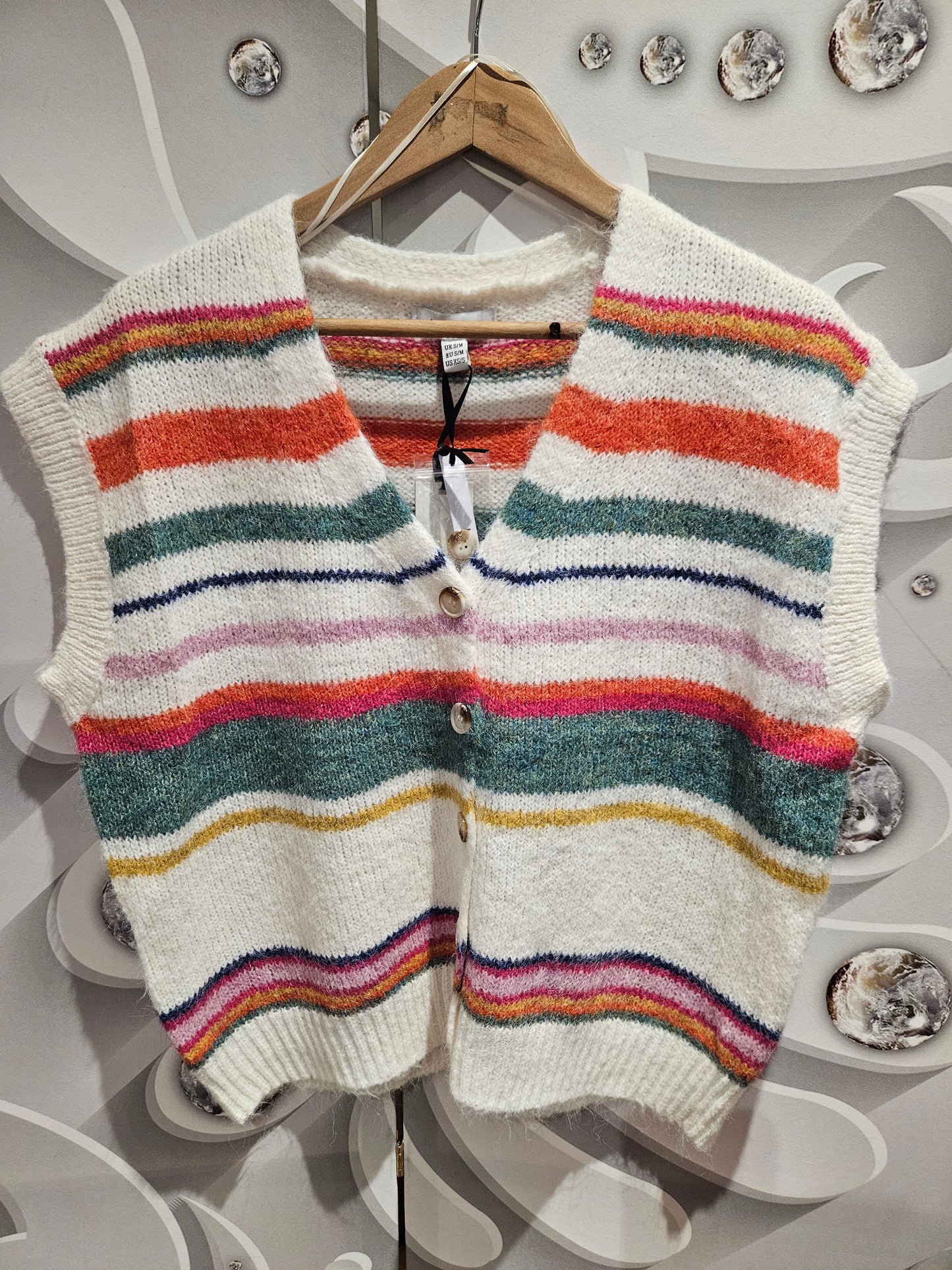 Soft-Knit Multi Striped Sleeveless Cardigan