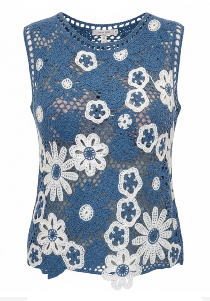 Malissa J Crochet Effect Flower Tank Top - Blue