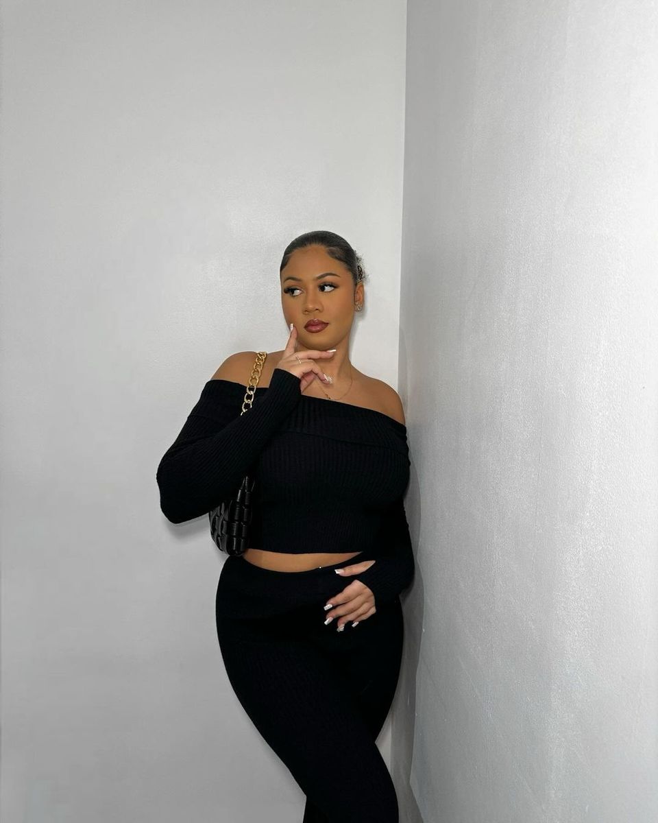 Knitted Long Sleeves Cropped Off Shoulder Top And Trousers Co-ord Set