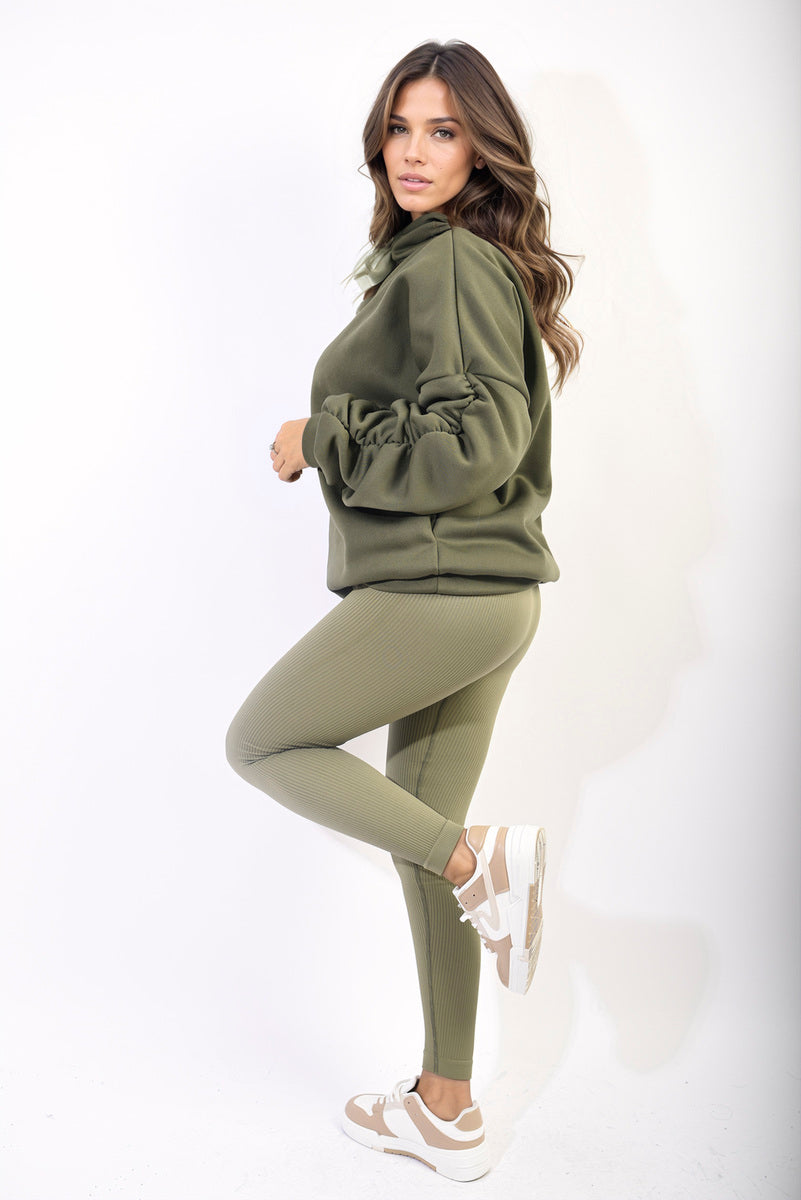 Oversized Ruched Sleeves Knitted Hoodie With Ribbon Detail