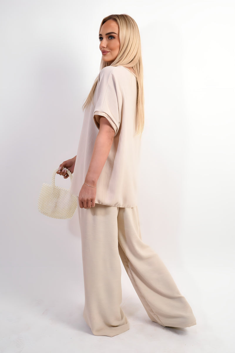 Drawstring Shiny Waist Wide Leg Trouser