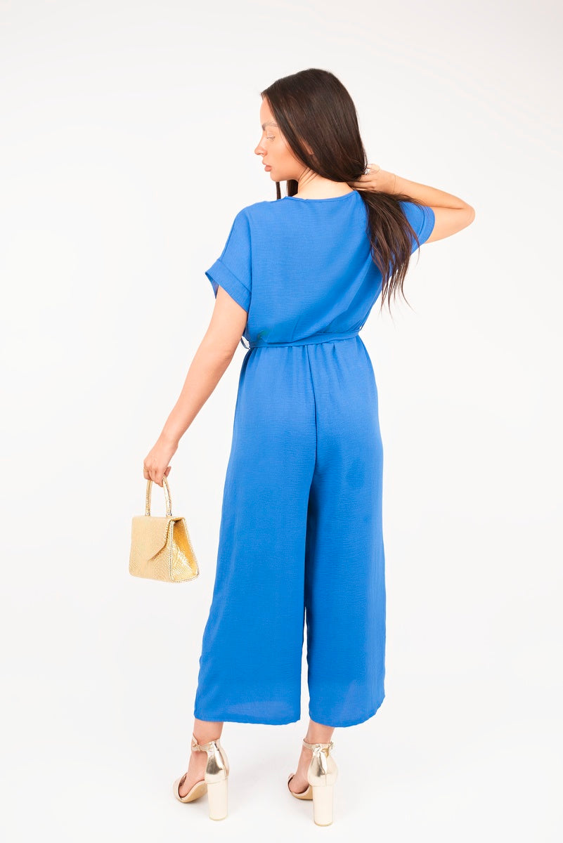 Wrap Short Sleeve Wide Leg Jumpsuit with Tie Waist