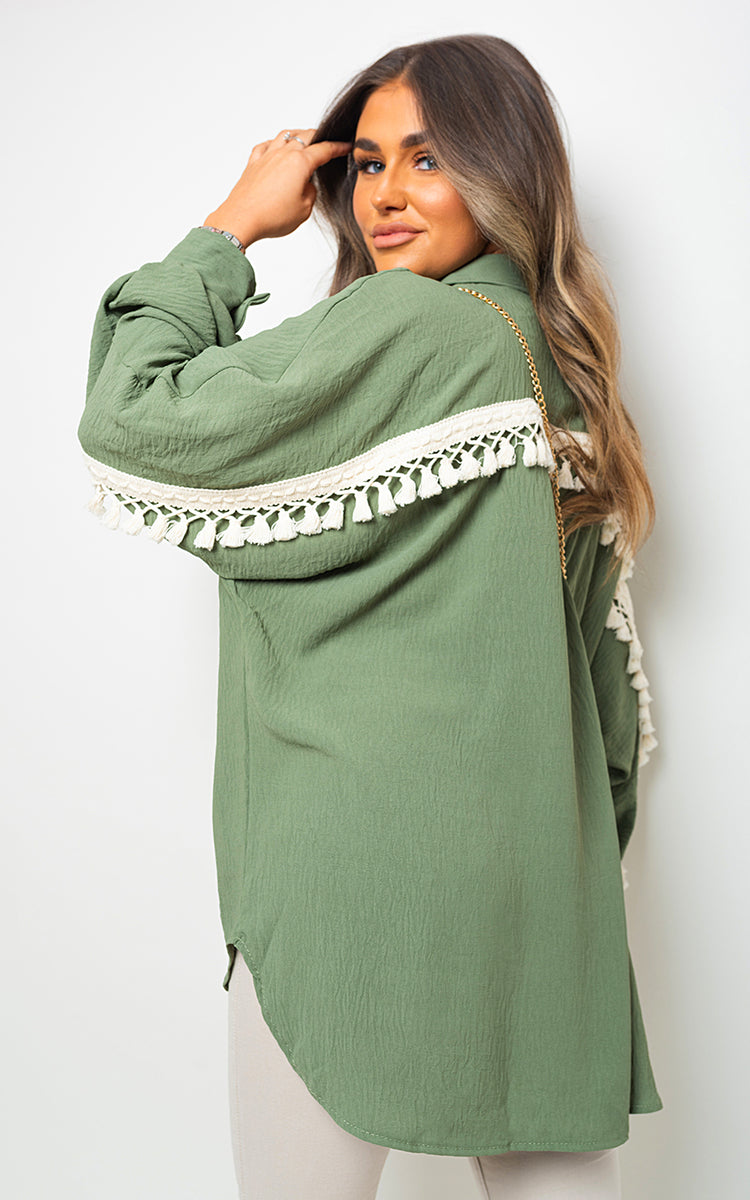 Oversized Long Sleeve Tassel Trim Top