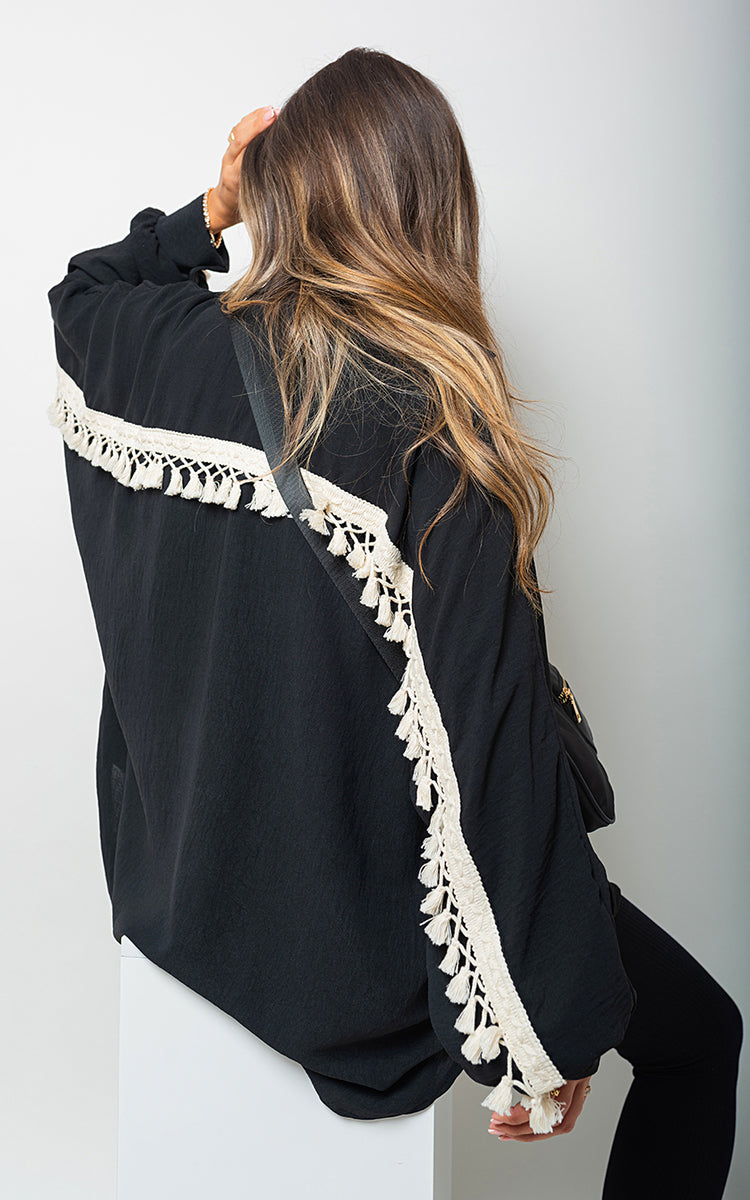 Oversized Long Sleeve Tassel Trim Top