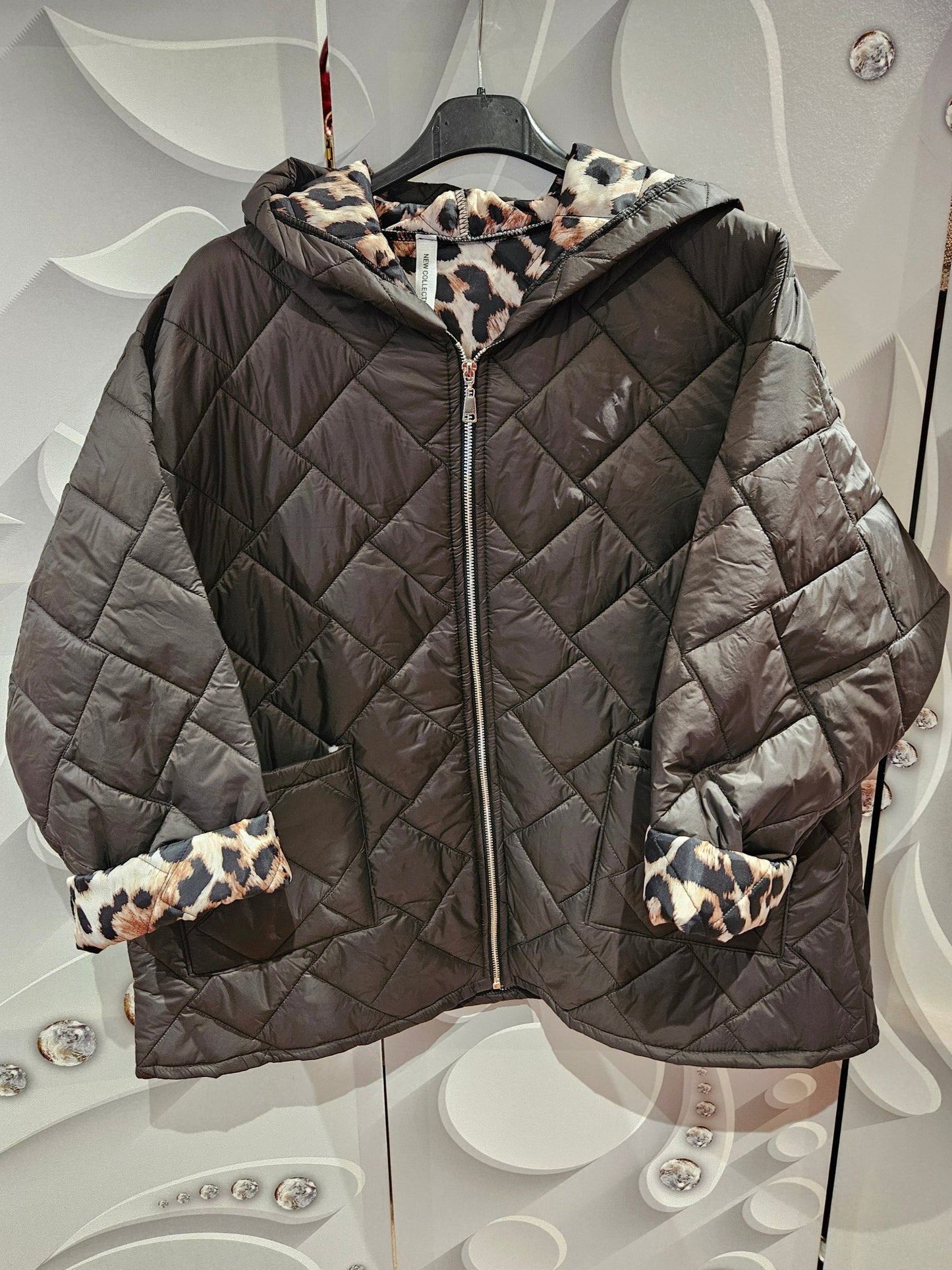Quilted Hooded Jacket with Leopard Print