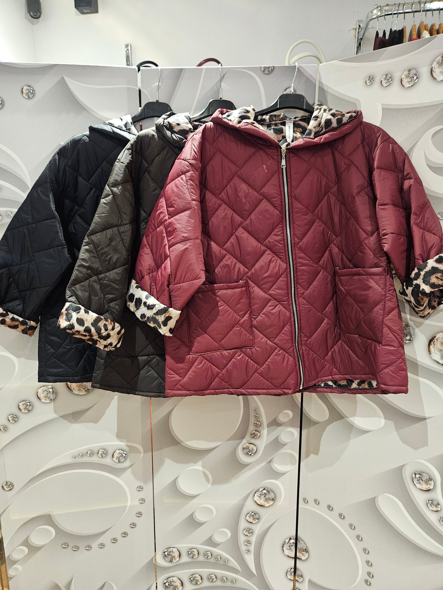 Quilted Hooded Jacket with Leopard Print