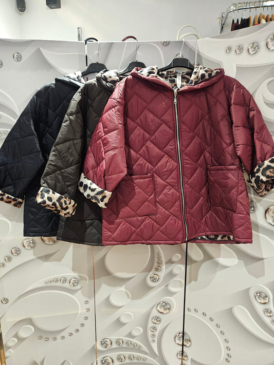 Quilted Hooded Jacket with Leopard Print