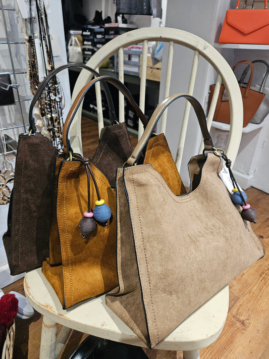 Suede Handbag With Decorative Charm