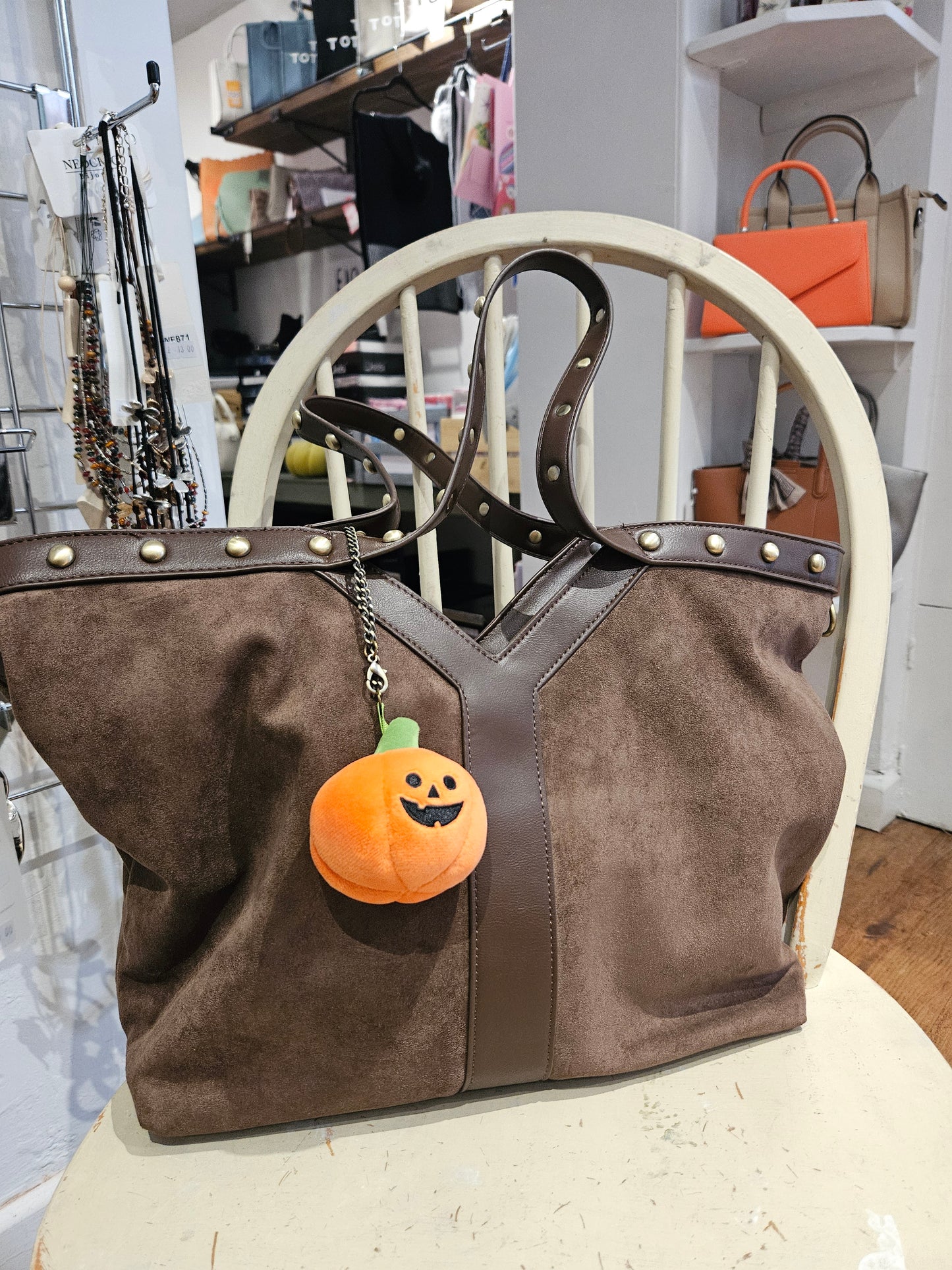 Suede Handbag with Detachable Pumpkin Charm