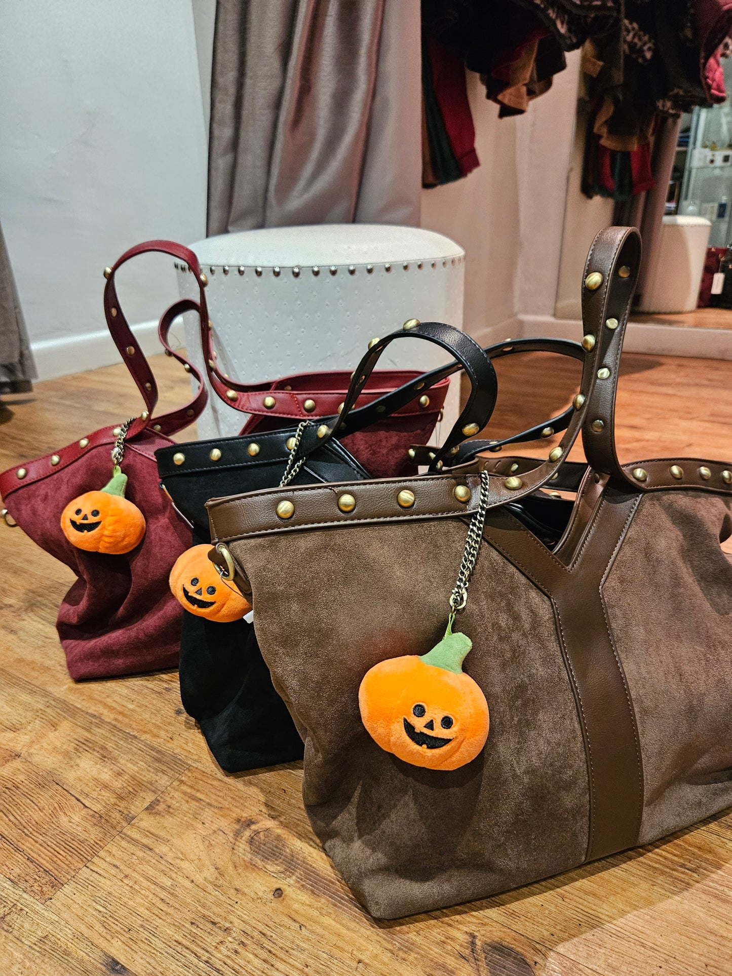 Suede Handbag with Detachable Pumpkin Charm