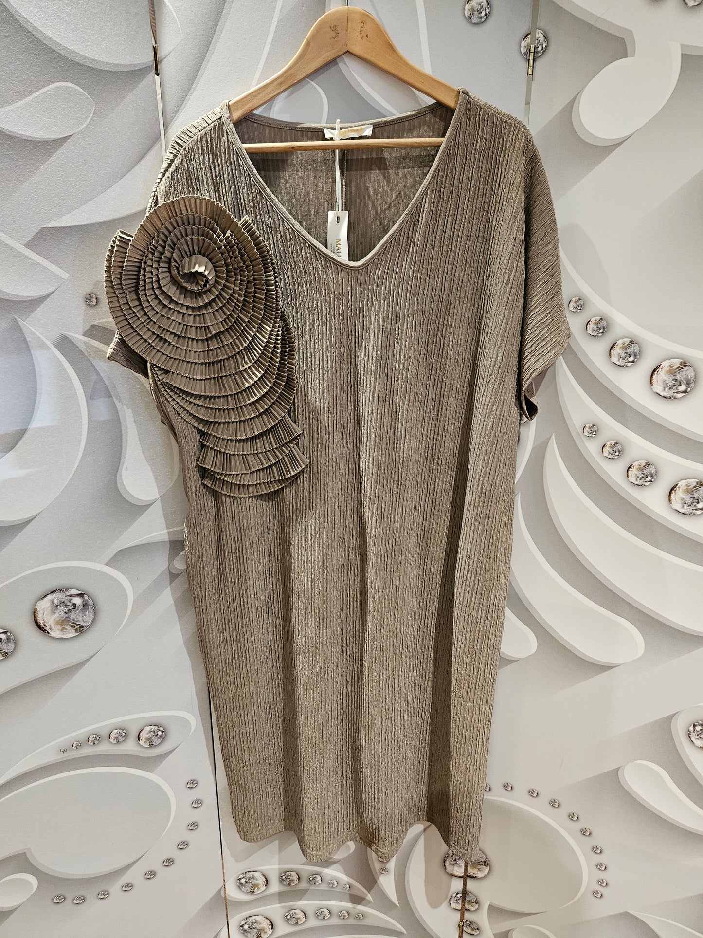 Micro-Pleated Shift Dress with Shoulder Detail