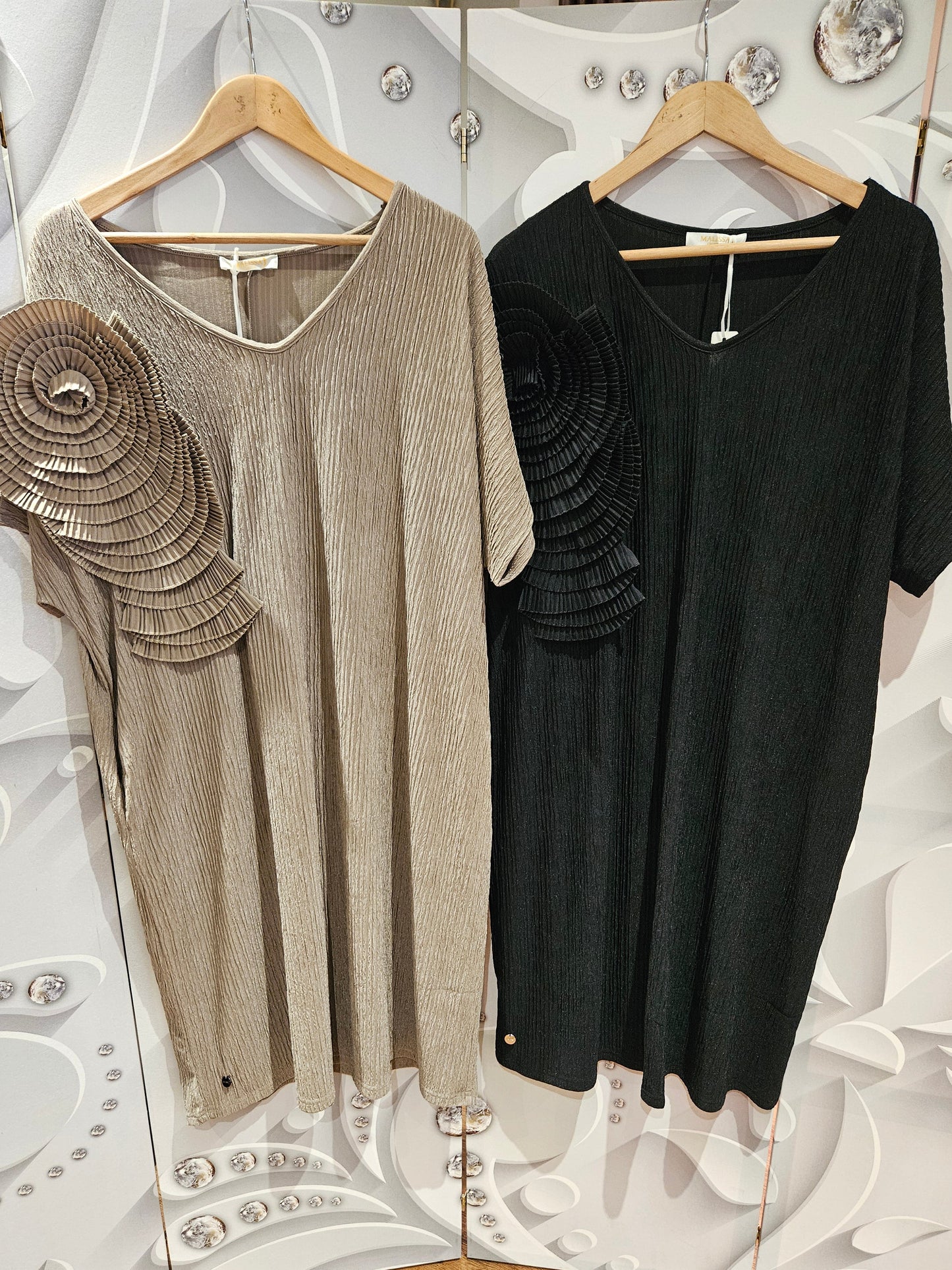 Micro-Pleated Shift Dress with Shoulder Detail