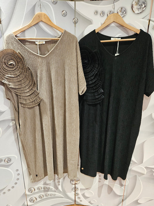 Micro-Pleated Shift Dress with Shoulder Detail