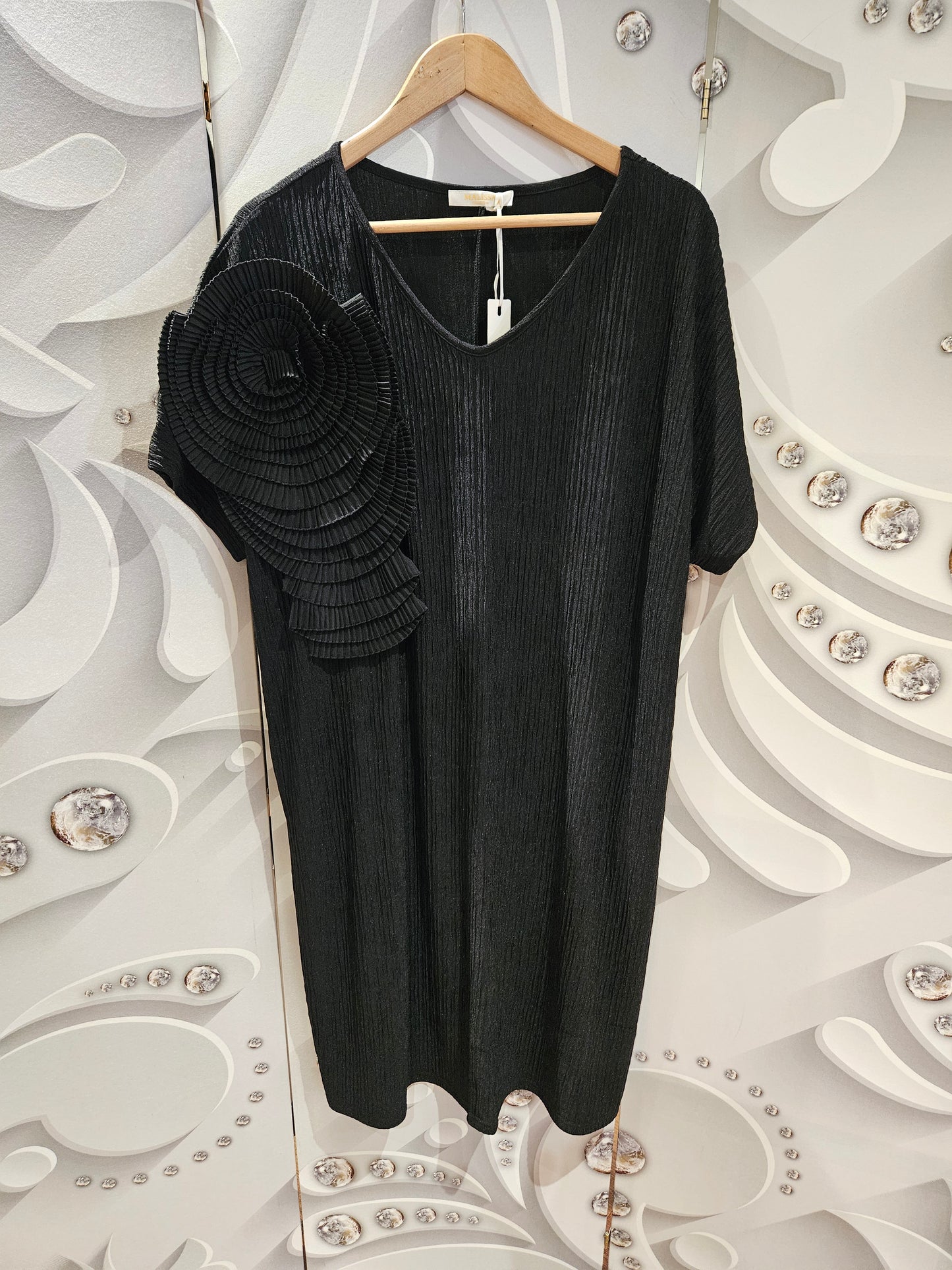 Micro-Pleated Shift Dress with Shoulder Detail