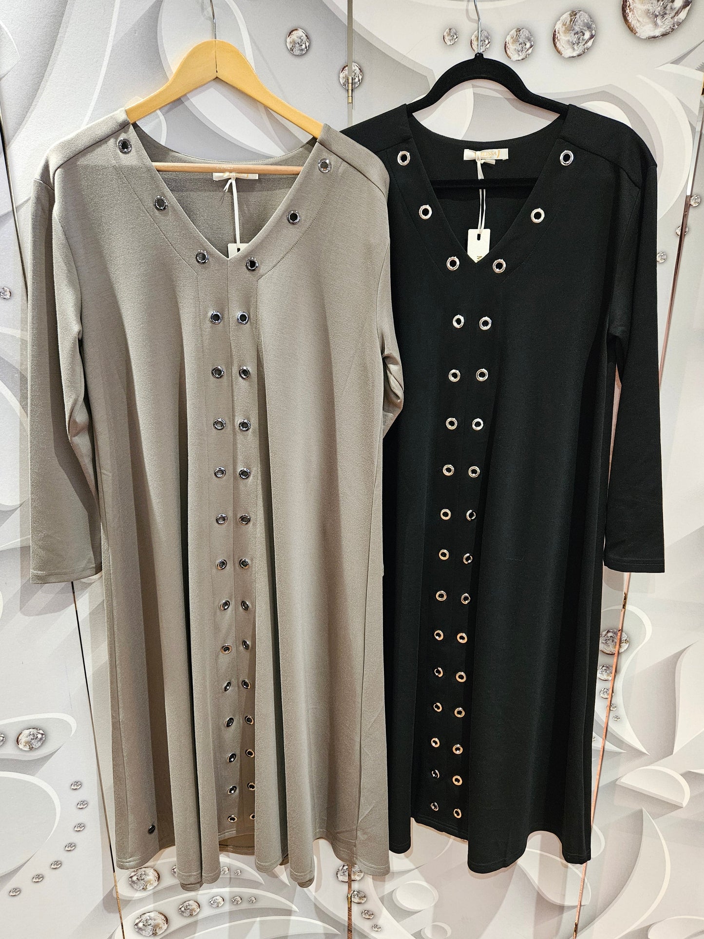 V Neck Midi Dress with Eyelet Detail