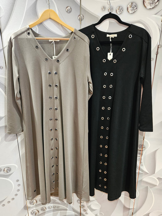 V Neck Midi Dress with Eyelet Detail