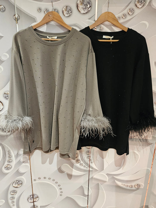 Embellished top with Feather Cuffs