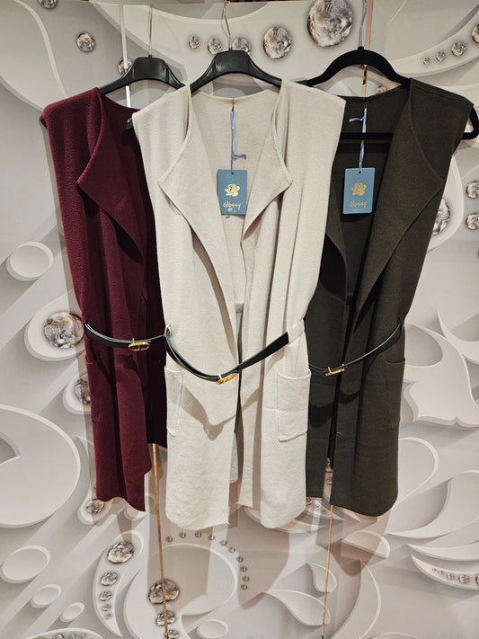 Longline Open Front Belted Waistcoat