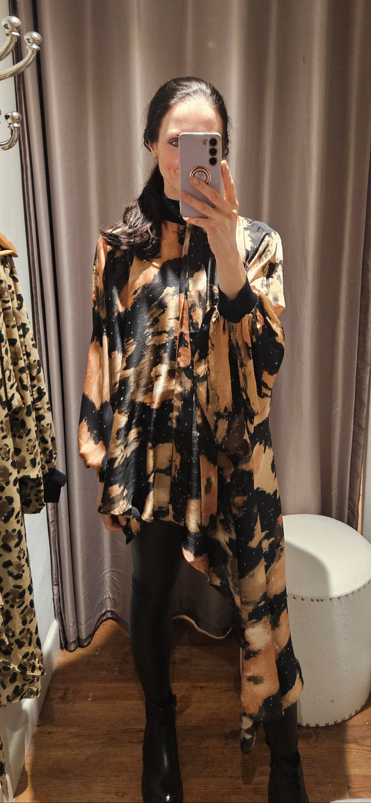 Printed Asymmetric Blouse With Neck Tie