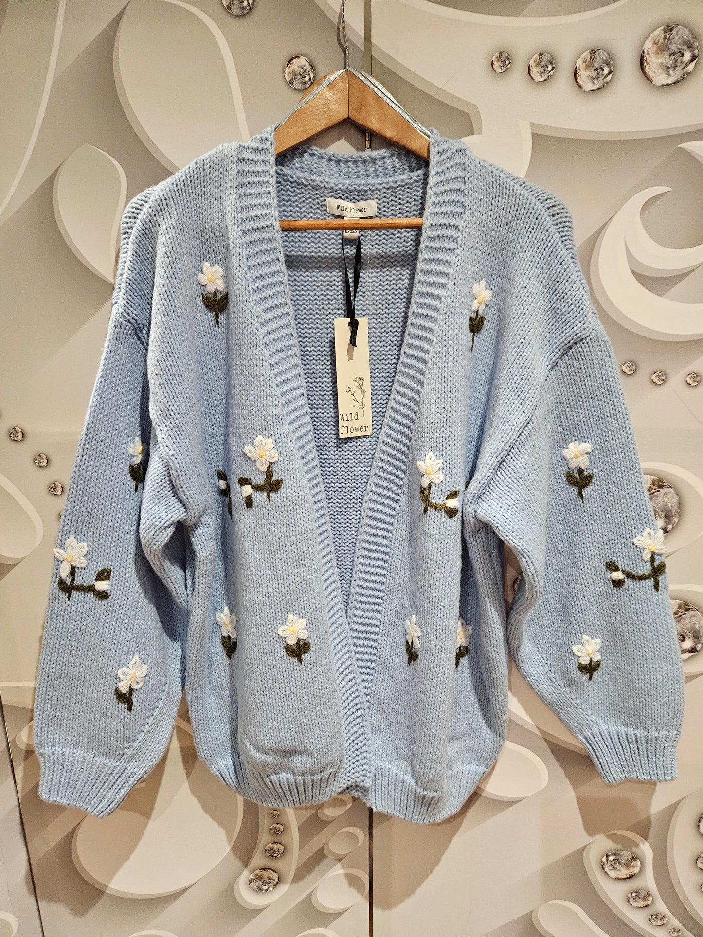 Wild Flower Cardigan With Knitted Daisies - Blue