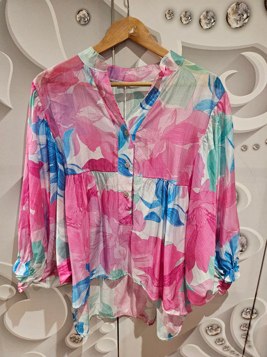 Floral Print Asymmetric Blouse - Pink