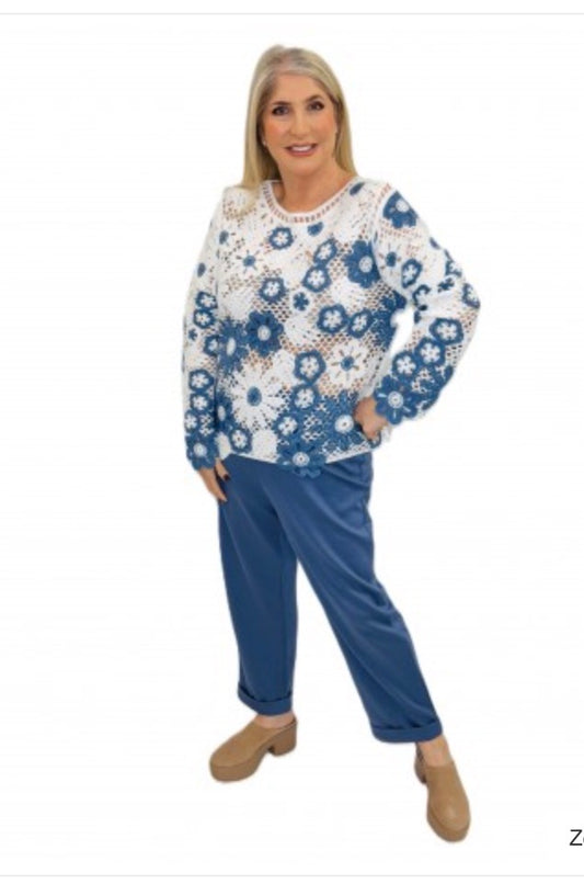 Malissa J Crochet effect Flower Jumper - Blue