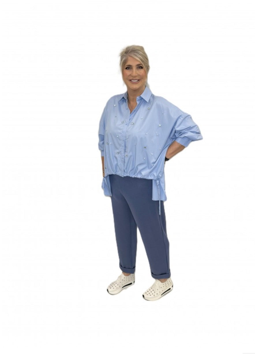 Malissa J Diamante Drawstring Hem Shirt - Blue