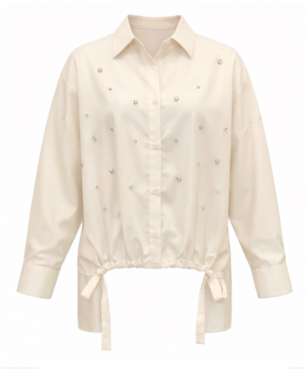 Malissa J Diamante Drawstring Hem Shirt - - Stone
