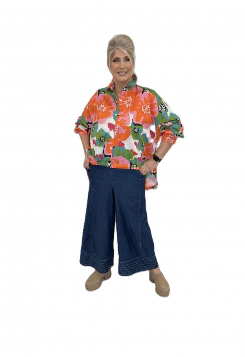 Tropical Flower Drawstring Hem Shirt
