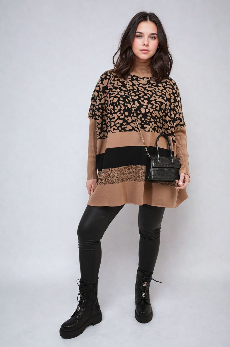 Oversized Leopard Print High Neck Knitted Jumper