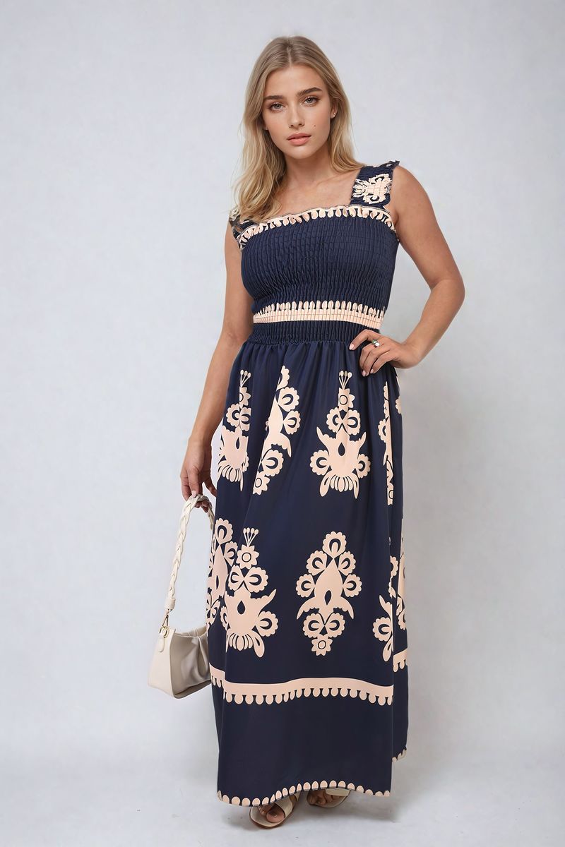 Smocked Sleeveless Flowy Tribal Print Summer Maxi Dress