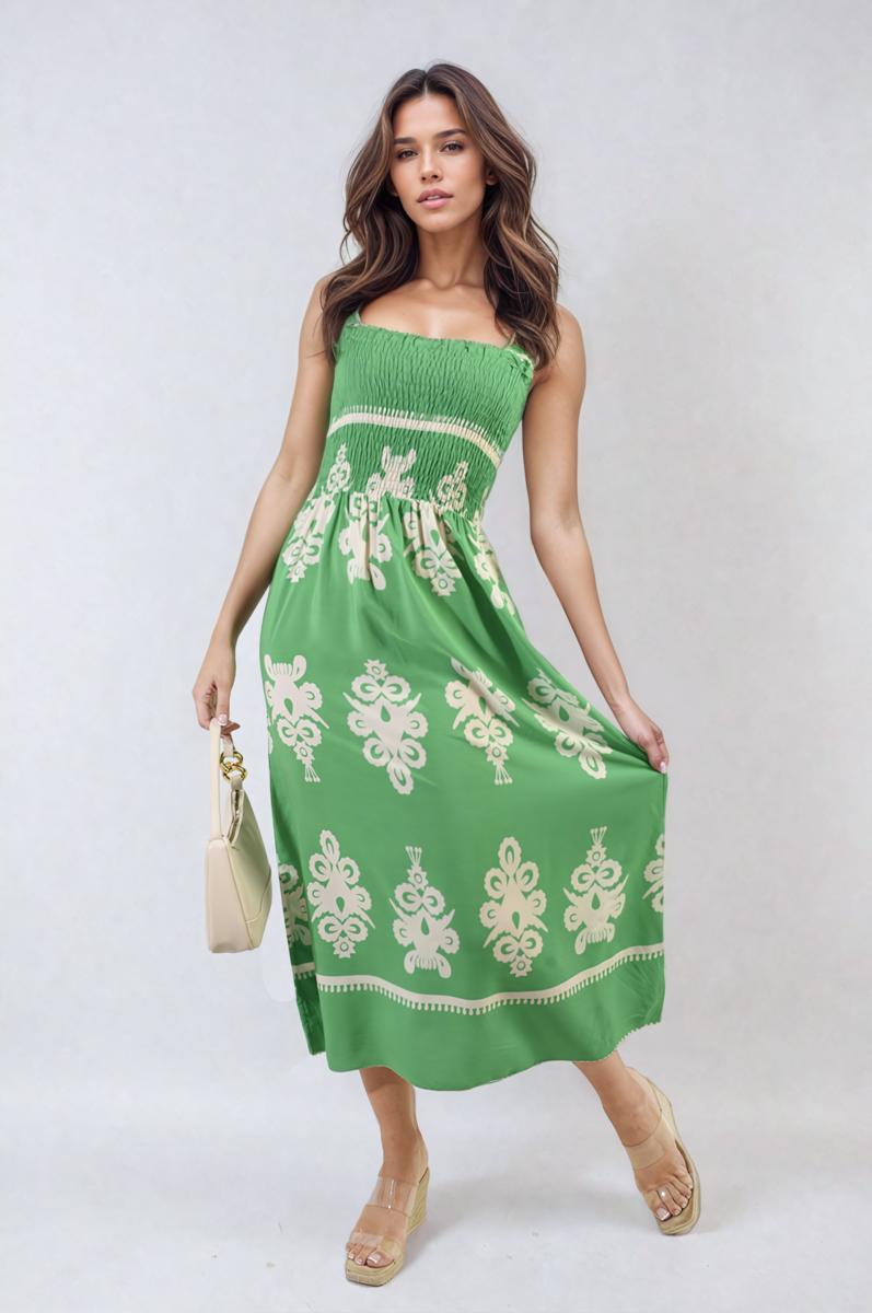 Smocked Sleeveless Flowy Tribal Print Summer Maxi Dress