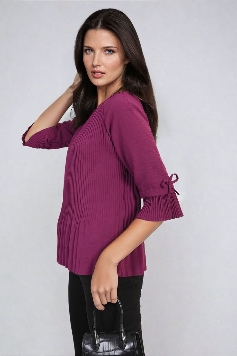 Plisse Pleated Short Bow Sleeve Top