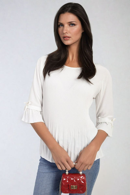 Plisse Pleated Short Bow Sleeve Top