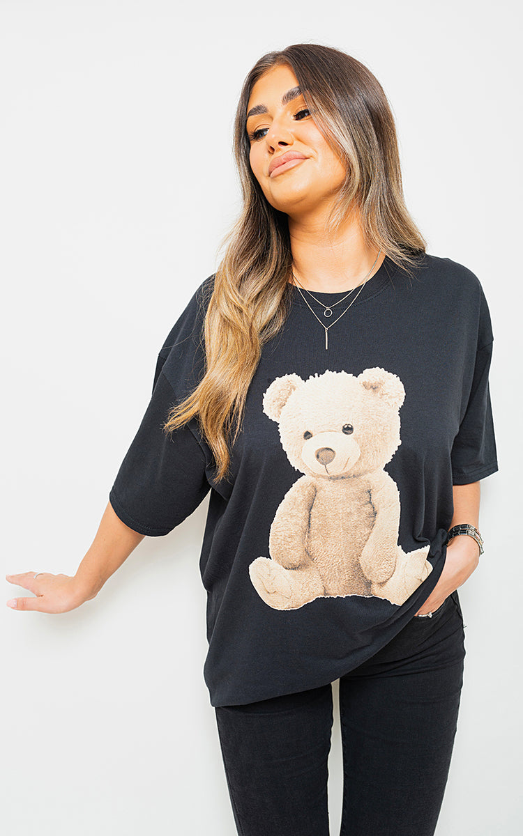 Short Sleeve Teddy Bear Printed Oversized Casual Top