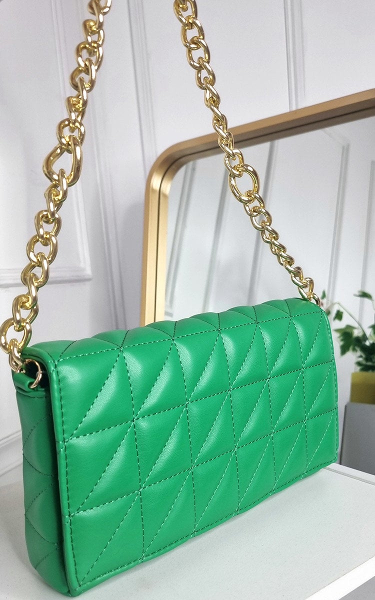 Faux Leather Padded Handbag with Chain Detail