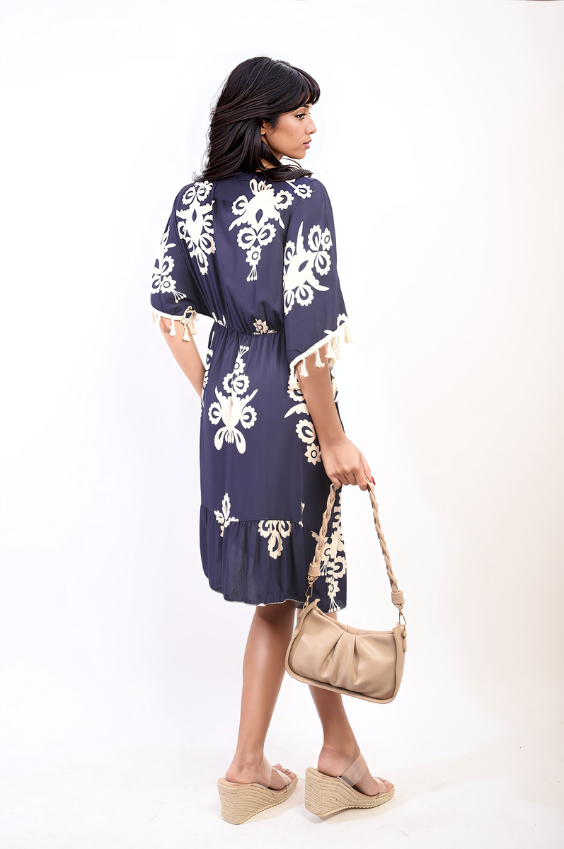 Printed V-Neck Short Sleeve Midi Dress with Tassel Detail