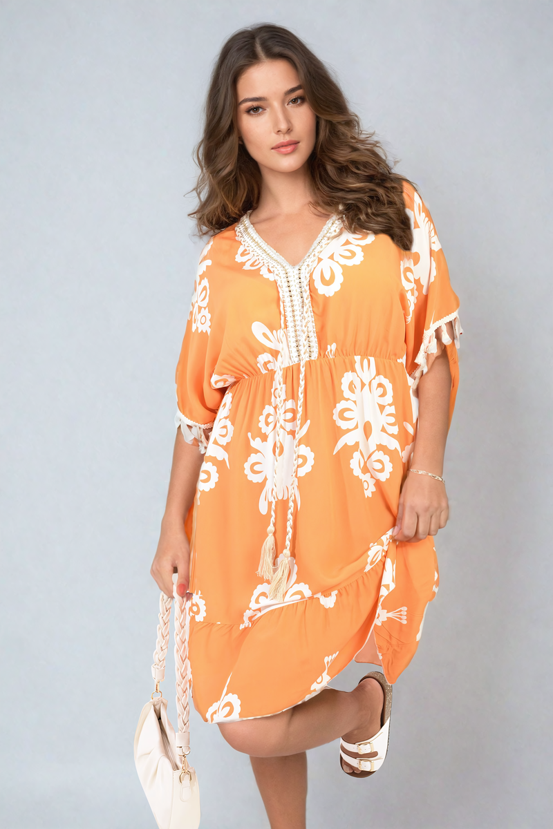 Printed V-Neck Short Sleeve Midi Dress with Tassel Detail