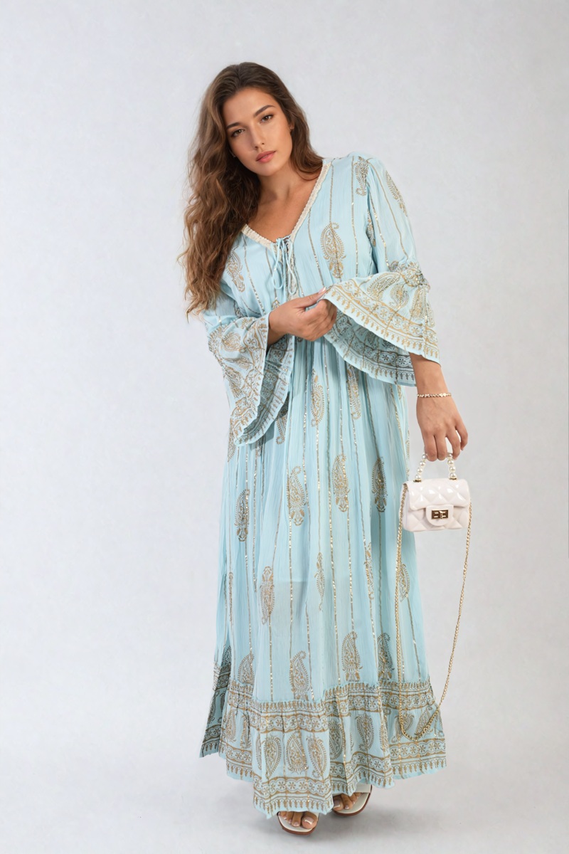 Embellished Boho Flounce Sleeve Maxi Dress