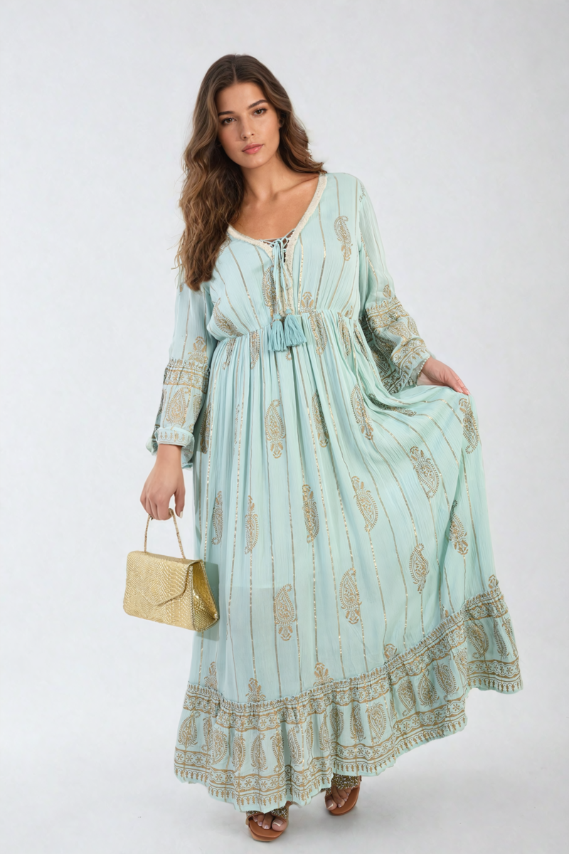 Embellished Boho Flounce Sleeve Maxi Dress