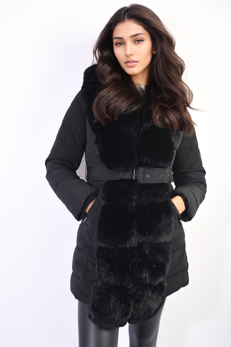 Bridget Padded Faux Fur Trim Longline Coat