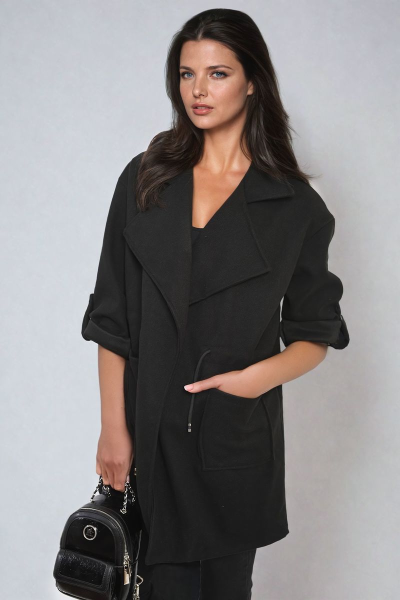 Roll Tab Sleeve Drawstring Waist Open Front Trench Coat Jacket