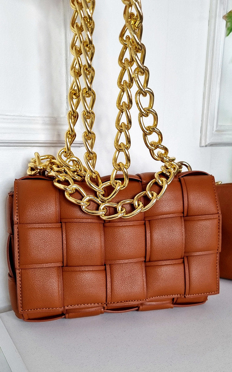 Faux Leather Woven Bag with Chain Strap