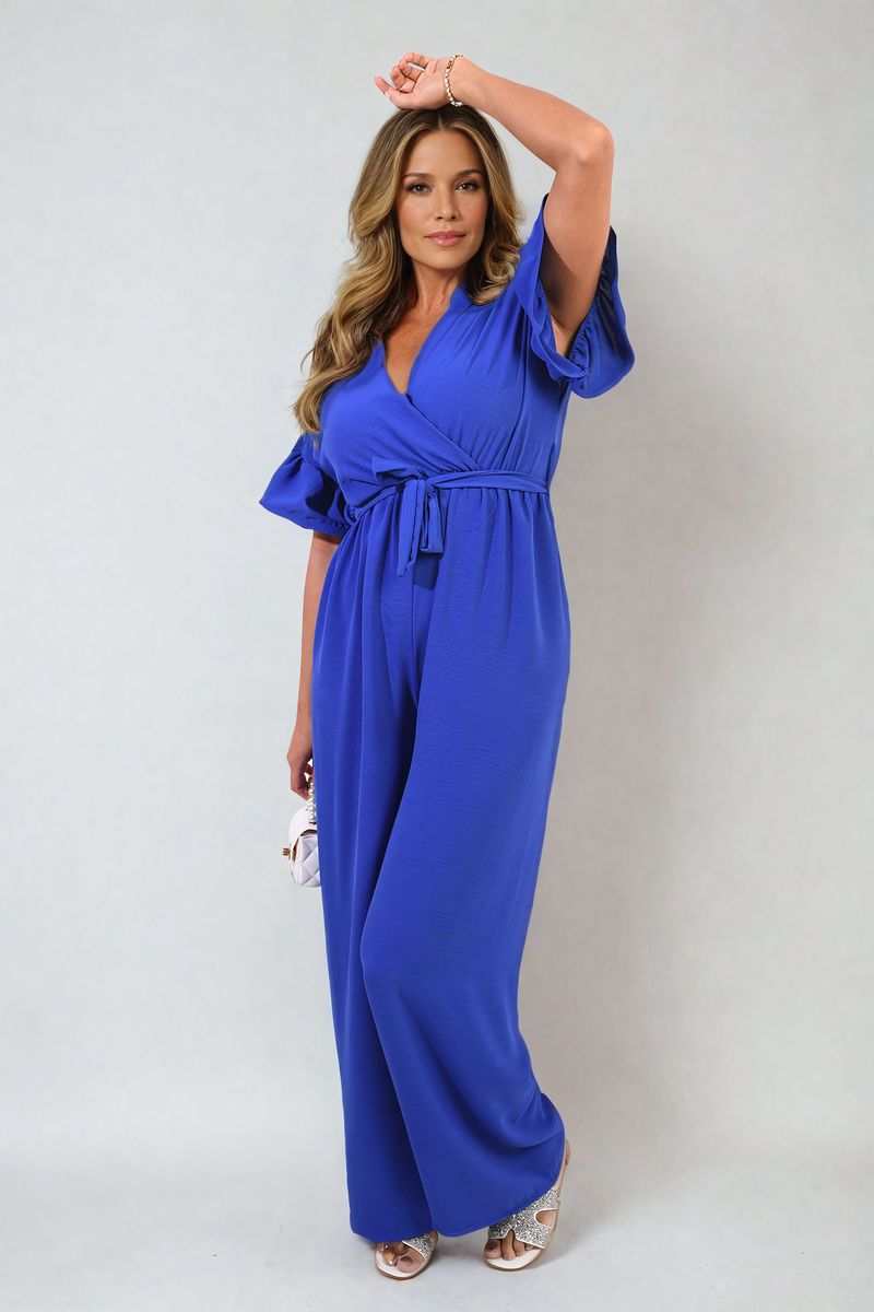 Wrap Over Tie Belt Frill Sleeve Jumpsuit