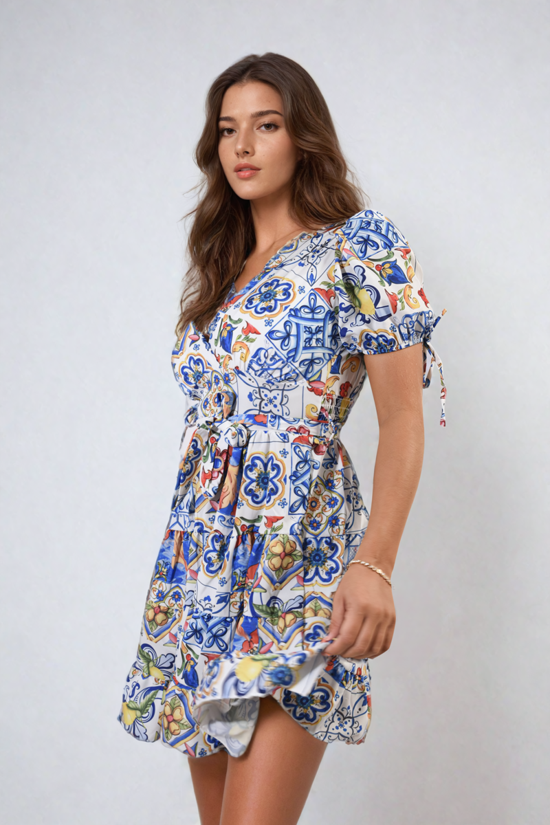 Floral V-Neck Tie Waist Mini Dress