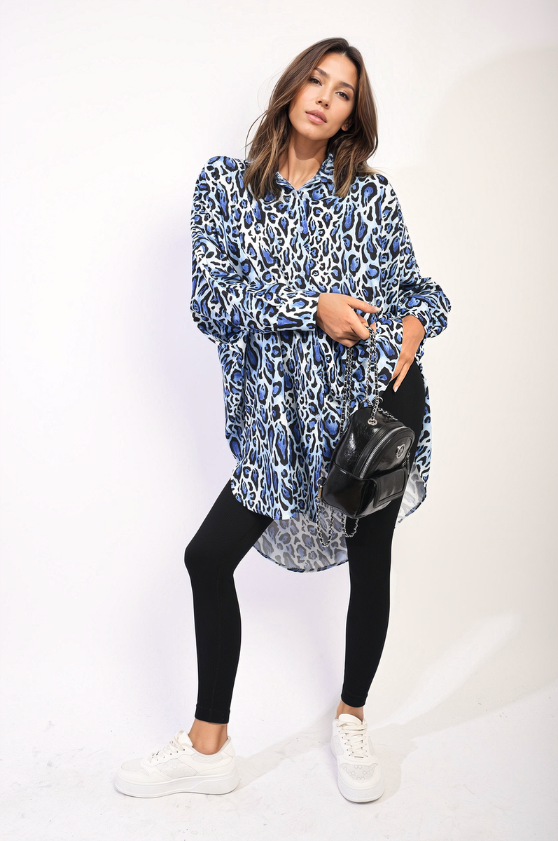 Oversized Long Sleeve Leopard Print Shirt Dress