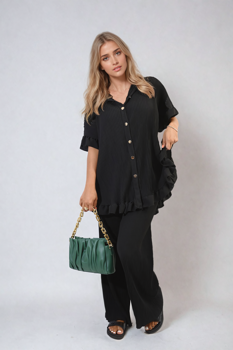 Button Pleated Frill Ruffle Top and Wide Leg Trouser Co-ord Set